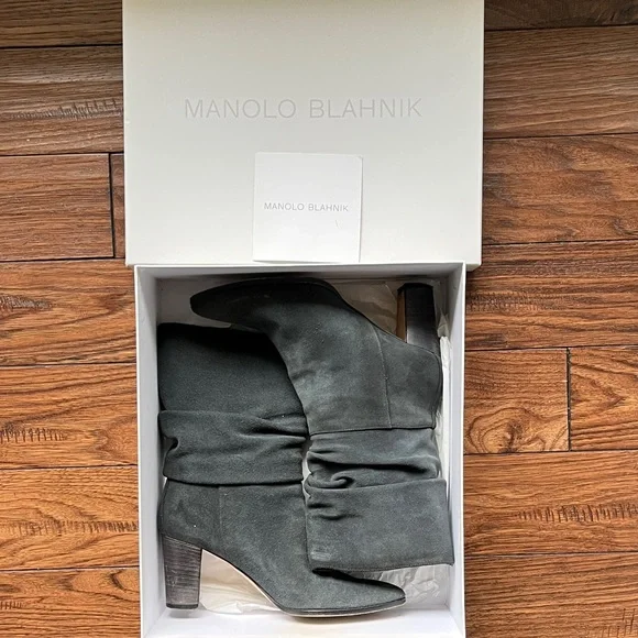 Manolo Blahnik Grey Suede Heeled Boots - Picture 1 of 9